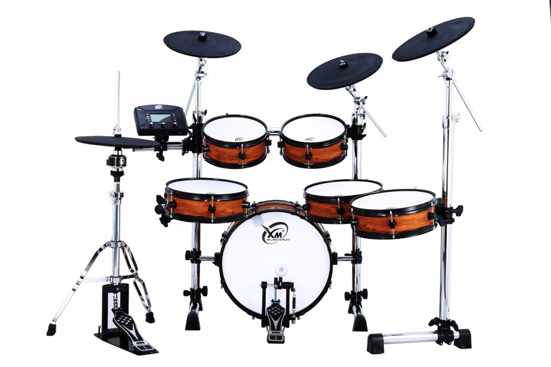 A compact electronic drum set with mesh-head pads, three cymbal pads and a sound module on a folding rack, the kind of kit sized for a child's bedroom